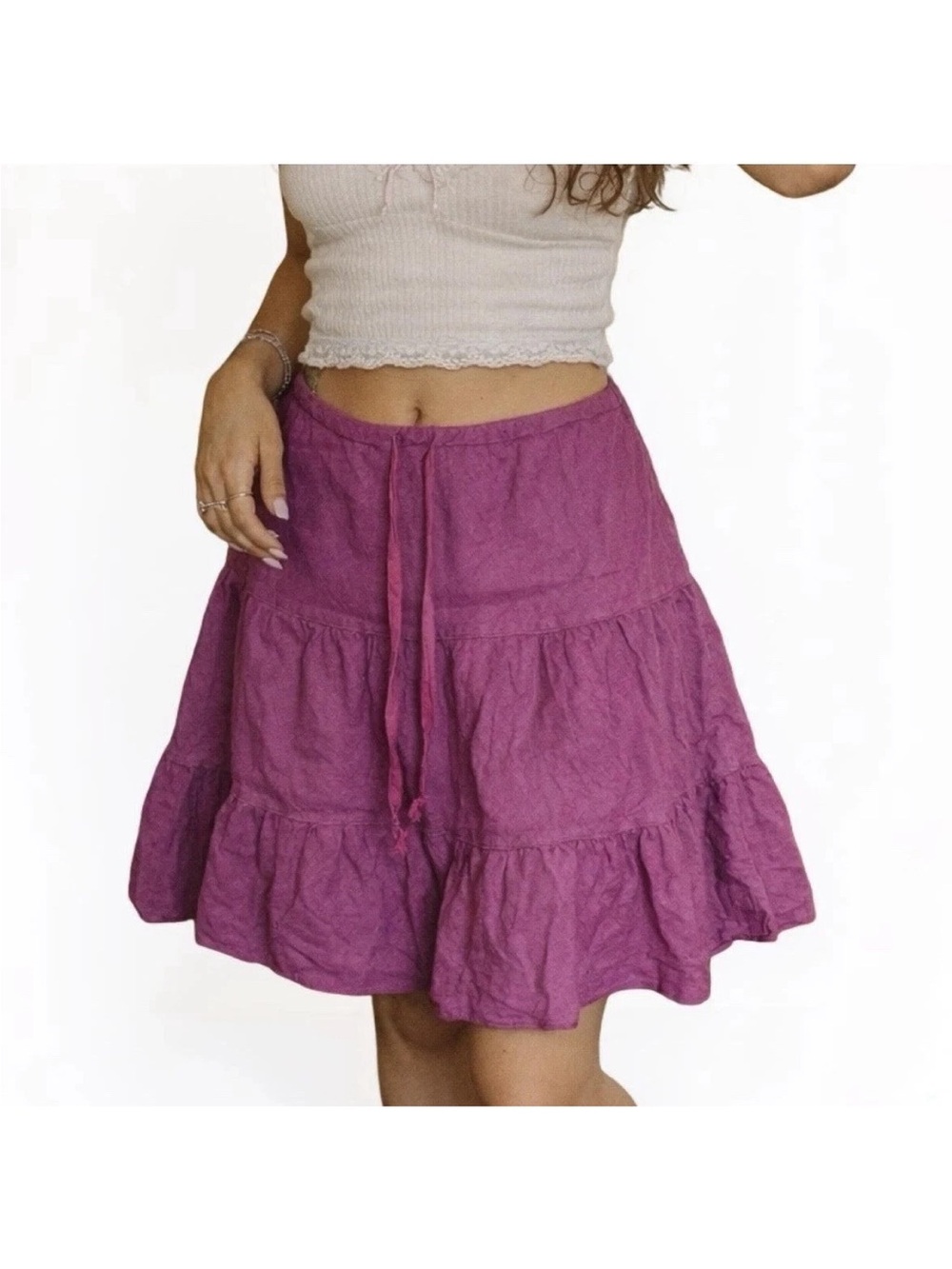 Allen Allen Tiered Linen Skirt XL Beige Drawstring Waist Neutral Prairie Cottage - Picture 4 of 7